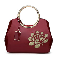 Women's Glossy Patent Leather Handbag With Flower Design & Color