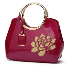 Women's Glossy Patent Leather Handbag With Flower Design & Color