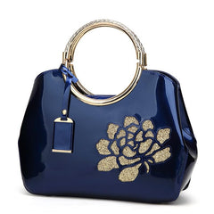 Women's Glossy Patent Leather Handbag With Flower Design & Color