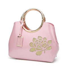 Women's Glossy Patent Leather Handbag With Flower Design & Color