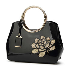 Women's Glossy Patent Leather Handbag With Flower Design & Color