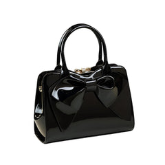 Xshe Women Elegant Glossy Bow Shell Handbag – Double Handle PU Tote for Daily Chic