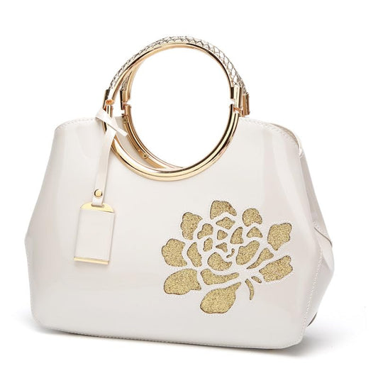 Women's Glossy Patent Leather Handbag With Flower Design & Color