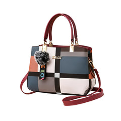 Xshe Women Colorblock Handbag with Dual Handles & Sling Strap – Featuring LOVE Keychain & Faux Fur Charm