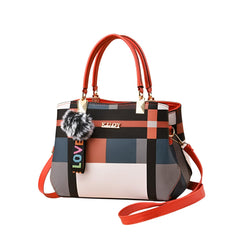 Xshe Women Colorblock Handbag with Dual Handles & Sling Strap – Featuring LOVE Keychain & Faux Fur Charm