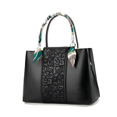 Xshe Women Elegant Embroidered Handbag with Silk Scarf Handle
