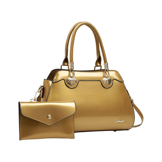 Xshe 2-Piece Women's Glossy Handbag with Matching Wallet | Elegant Shell Design Tote Bag with Gold Hardware