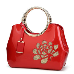 Women's Glossy Patent Leather Handbag With Flower Design & Color