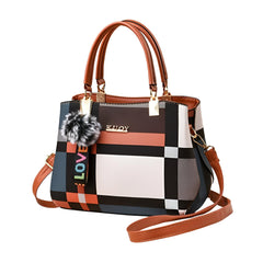 Xshe Women Colorblock Handbag with Dual Handles & Sling Strap – Featuring LOVE Keychain & Faux Fur Charm