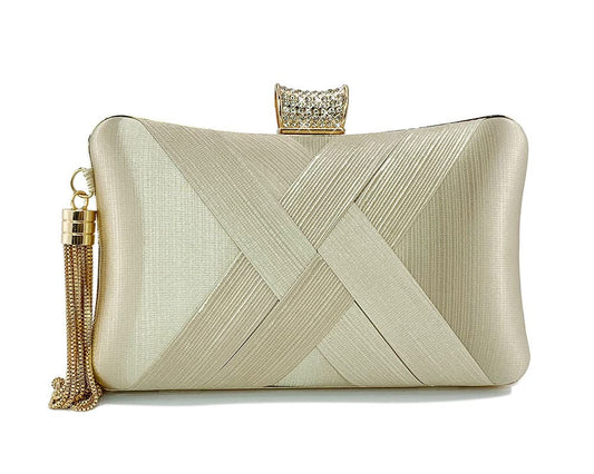 Women Clutch Bag with Chain Shoulder Strap Tassels Fashion Crossbody Bag Elegant Clutch Purse Hand Bag for Dance Wedding Evening Party Prom Bride- Apricot