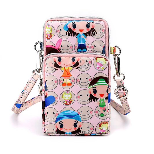 Womes's Oxford Cloth Pink Cartoon Mobile Phone Bag Three-Layer Mobile Phone Bag Shoulder Crossbody Case Wrist Hanging Neck