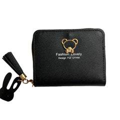 Women's Leather Wallet Short Cute Bear Tassel Coin Purse Zipper Bag