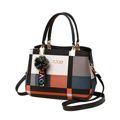 Xshe Women Colorblock Handbag with Dual Handles & Sling Strap – Featuring LOVE Keychain & Faux Fur Charm