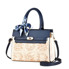 Xshe Women Elegant Contrast Stitch Tote Bag – Handbag with Scarf Accent,