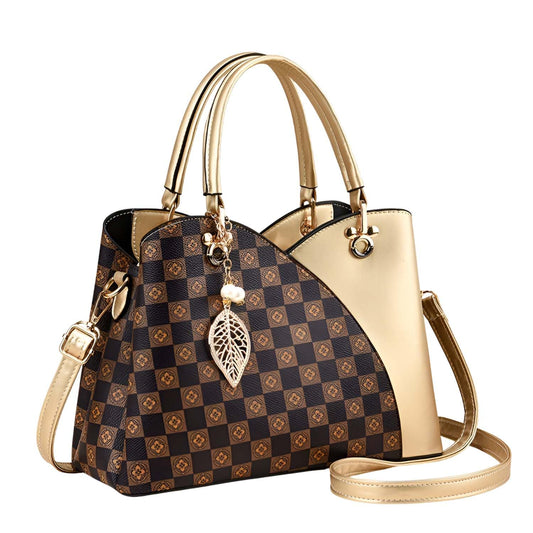 Xshe Women Luxury Spliced Handbag – Elegant Checkered Shoulder Bag with Golden Accent