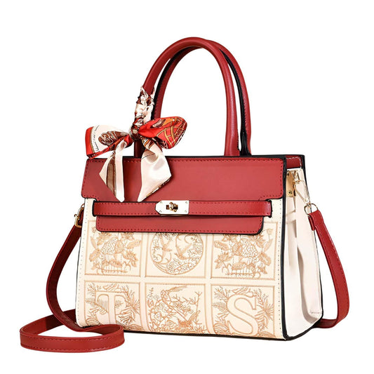 Xshe Women Elegant Contrast Stitch Tote Bag – Handbag with Scarf Accent,