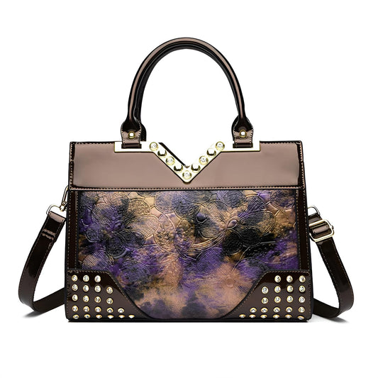 Xshe Women Elegant Embossed Tote – Rivet & Diamond Detail Large Capacity Shoulder Messenger Bag for Stylish