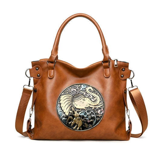 Xshe Women Vintage Tote Bag with Artistic Elephant Design – Retro Style, Adjustable Strap, Zipper Closure