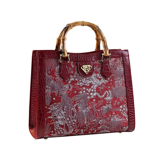 Xshe Women Elegant Embroidered Bamboo-Style Tote – PU Vertical Square Handbag