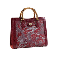 Xshe Women Elegant Embroidered Bamboo-Style Tote – PU Vertical Square Handbag