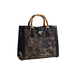 Xshe Women Elegant Embroidered Bamboo-Style Tote – PU Vertical Square Handbag