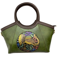 Xshe Women Artisan Embossed Elephant Handbag – Horizontal Square Vintage Tote for Daily Match