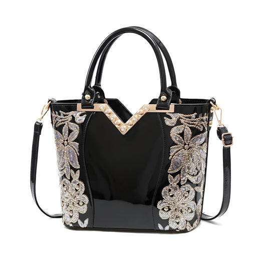 Xshe Women Chic Armpit Bag – Vertical Square Street Fashion Handbag with Embossed Floral Design & Pearl Accent