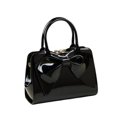 Xshe Women Elegant Glossy Bow Shell Handbag – Double Handle PU Tote for Daily Chic