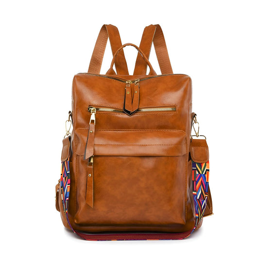 Xshe Women Vintage Backpack – Stylish Travel Bag with Colorful Strap and Multiple Zipper Pockets