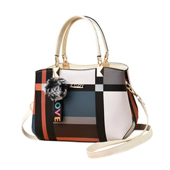Xshe Women Colorblock Handbag with Dual Handles & Sling Strap – Featuring LOVE Keychain & Faux Fur Charm