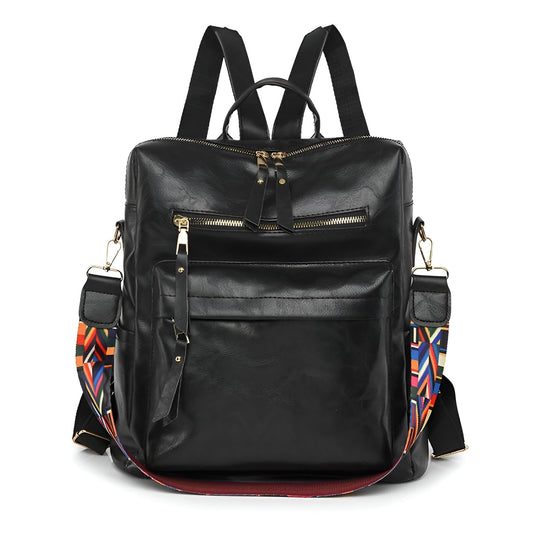 Xshe Women Vintage Backpack – Stylish Travel Bag with Colorful Strap and Multiple Zipper Pockets