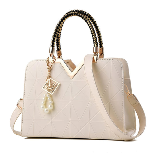 Xshe Women's Designer Handbag with Pearl Charm, Double Braided Handle, Shoulder Messenger Bag