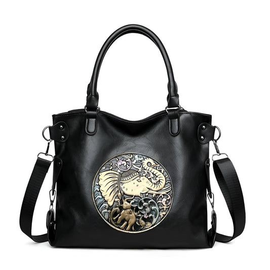 Xshe Women Vintage Tote Bag with Artistic Elephant Design – Retro Style, Adjustable Strap, Zipper Closure