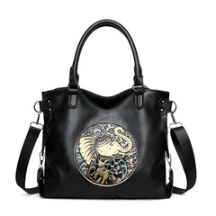 Xshe Women Vintage Tote Bag with Artistic Elephant Design – Retro Style, Adjustable Strap, Zipper Closure